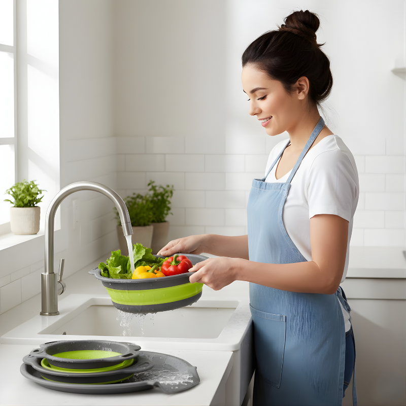 4PCS Foldable Collapsible Colander Set Drain Basket with Self-Draining Base Vegetables Fruit Washing Basket Kitchen Drainer