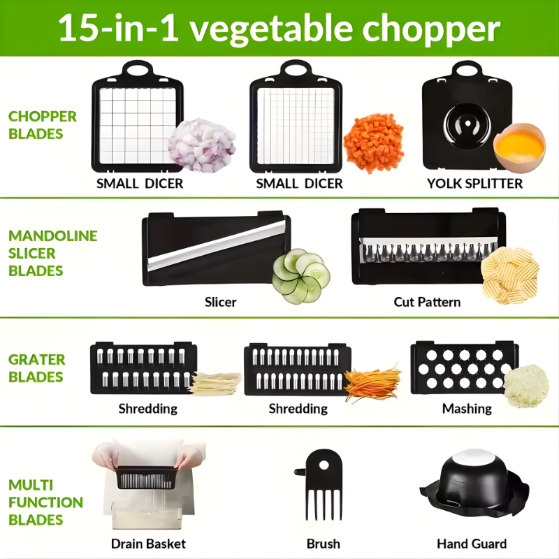 1 Set 15-in-1 Premium Vegetable Chopper - Mandolines - Multifunctional Fruit Slicer, Food Grater, Onion Mincer, Potato Shredder