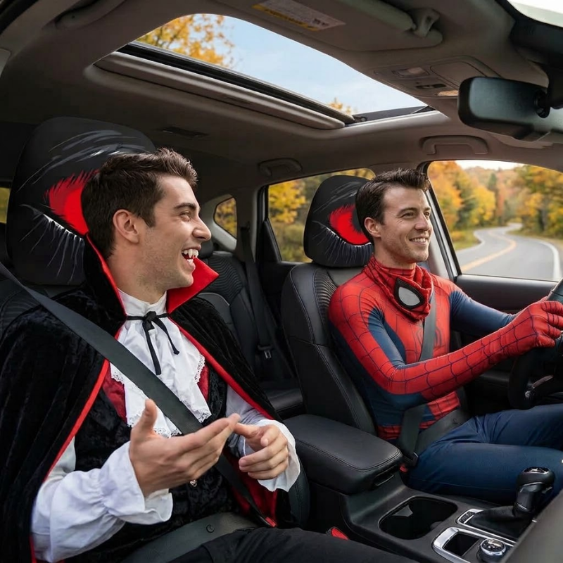 2pc Halloween Face Printed Car Pillowcase Soft Comfortable Decorative Washable Polyester Fabric Cushion Cover Auto Seat Headrest