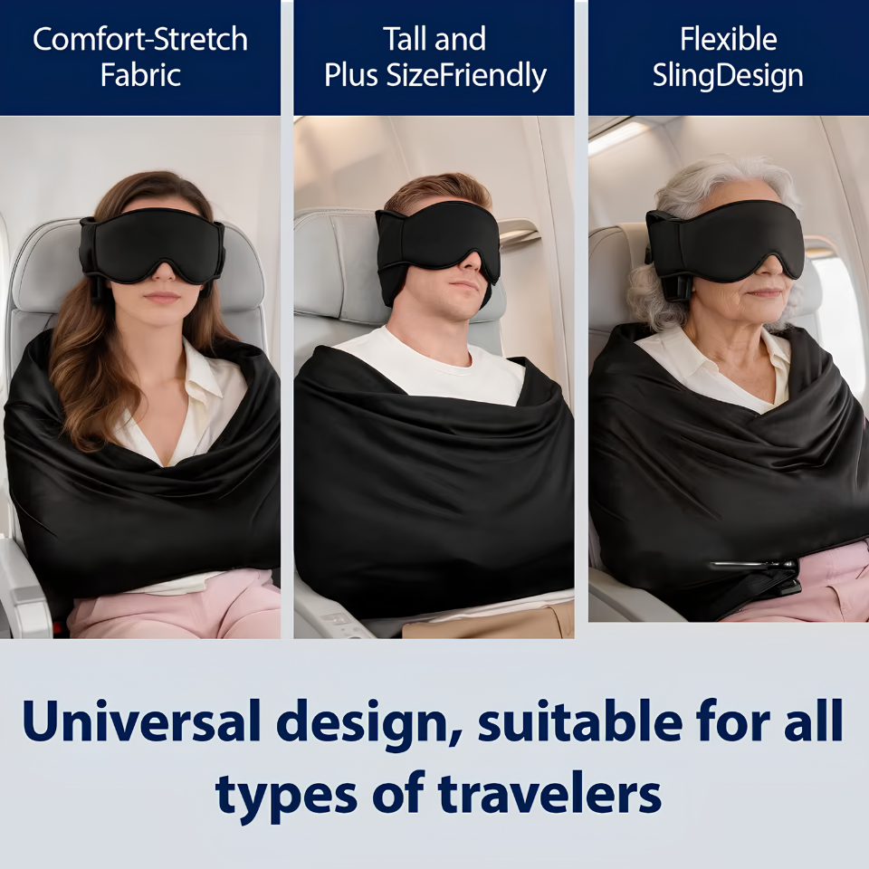 3 IN 1 Airplane Sleep Support Set Travel Ergonomic Memory Foam Neck Support with Blanket Like Body Sling & Adjustable Sleep Mask