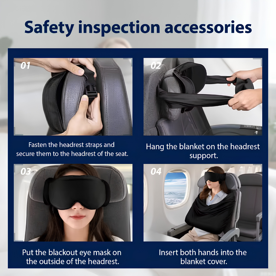 3 IN 1 Airplane Sleep Support Set Travel Ergonomic Memory Foam Neck Support with Blanket Like Body Sling & Adjustable Sleep Mask