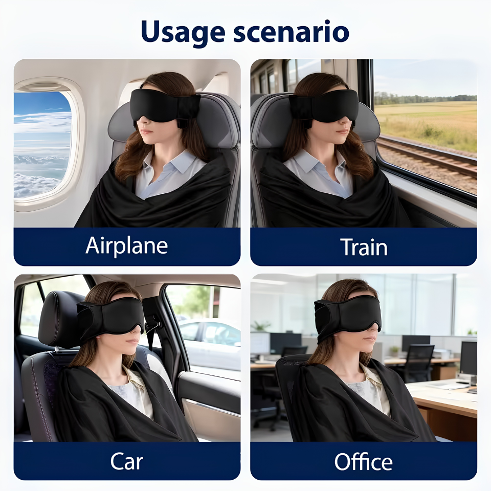3 IN 1 Airplane Sleep Support Set Travel Ergonomic Memory Foam Neck Support with Blanket Like Body Sling & Adjustable Sleep Mask