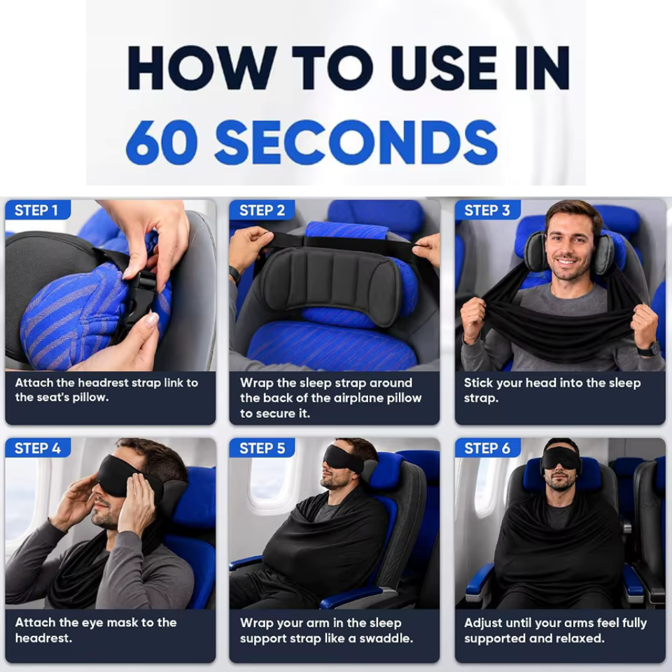 3 IN 1 Airplane Sleep Support Set Travel Ergonomic Memory Foam Neck Support with Blanket Like Body Sling & Adjustable Sleep Mask