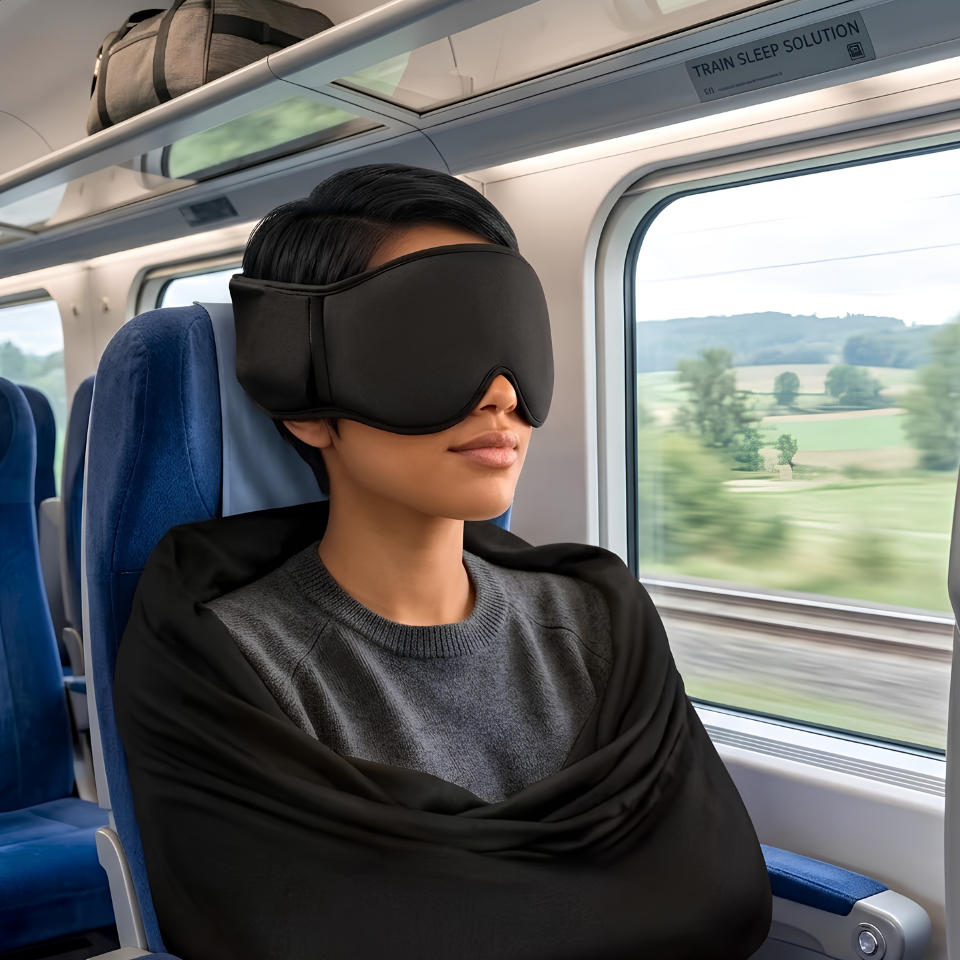 3 IN 1 Airplane Sleep Support Set Travel Ergonomic Memory Foam Neck Support with Blanket Like Body Sling & Adjustable Sleep Mask