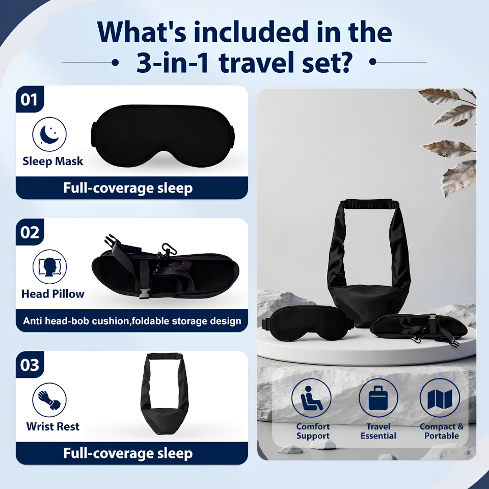 3 IN 1 Airplane Sleep Support Set Travel Ergonomic Memory Foam Neck Support with Blanket Like Body Sling & Adjustable Sleep Mask