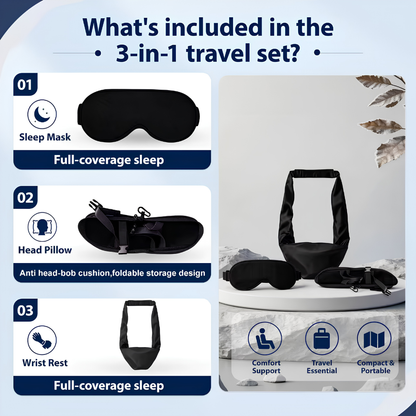 3 IN 1 Airplane Sleep Support Set Travel Ergonomic Memory Foam Neck Support with Blanket Like Body Sling & Adjustable Sleep Mask