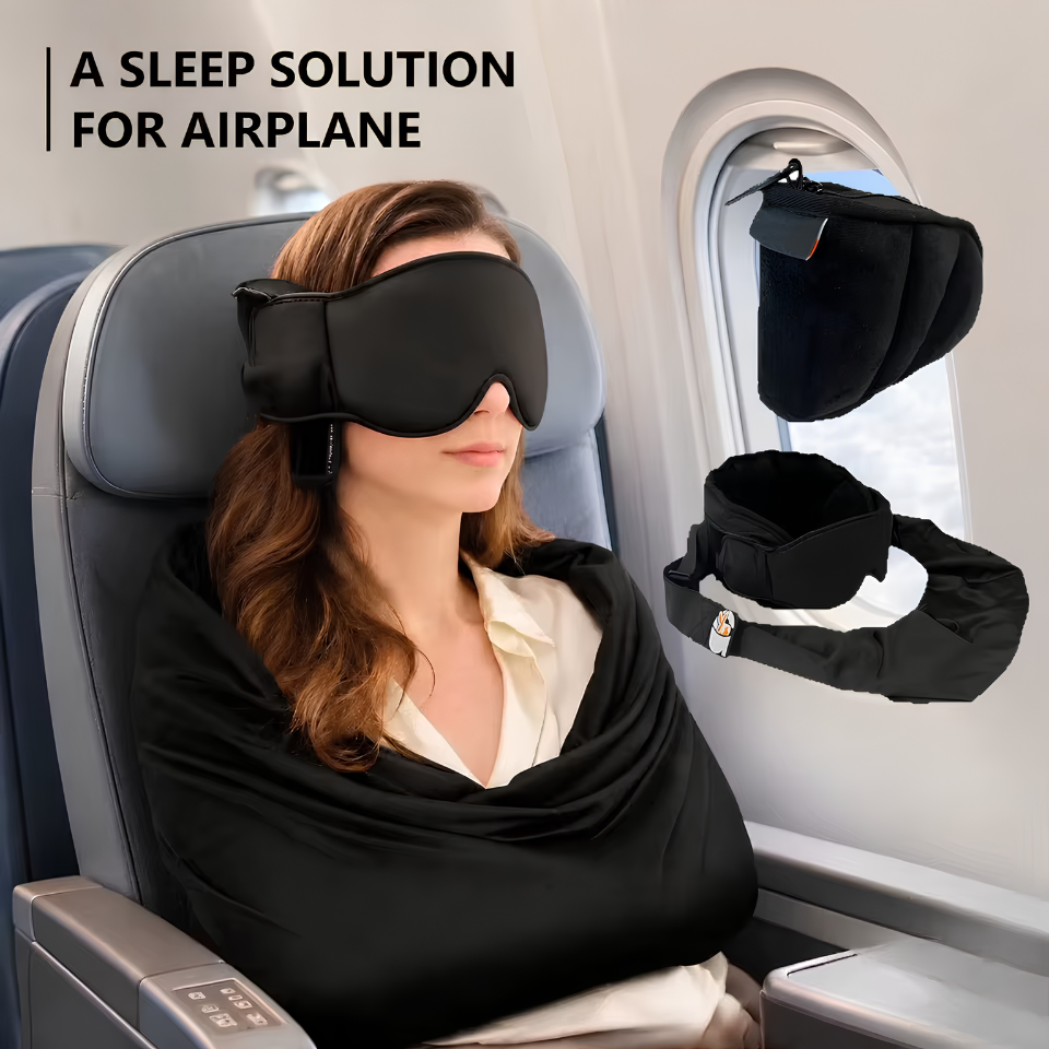 3 IN 1 Airplane Sleep Support Set Travel Ergonomic Memory Foam Neck Support with Blanket Like Body Sling & Adjustable Sleep Mask