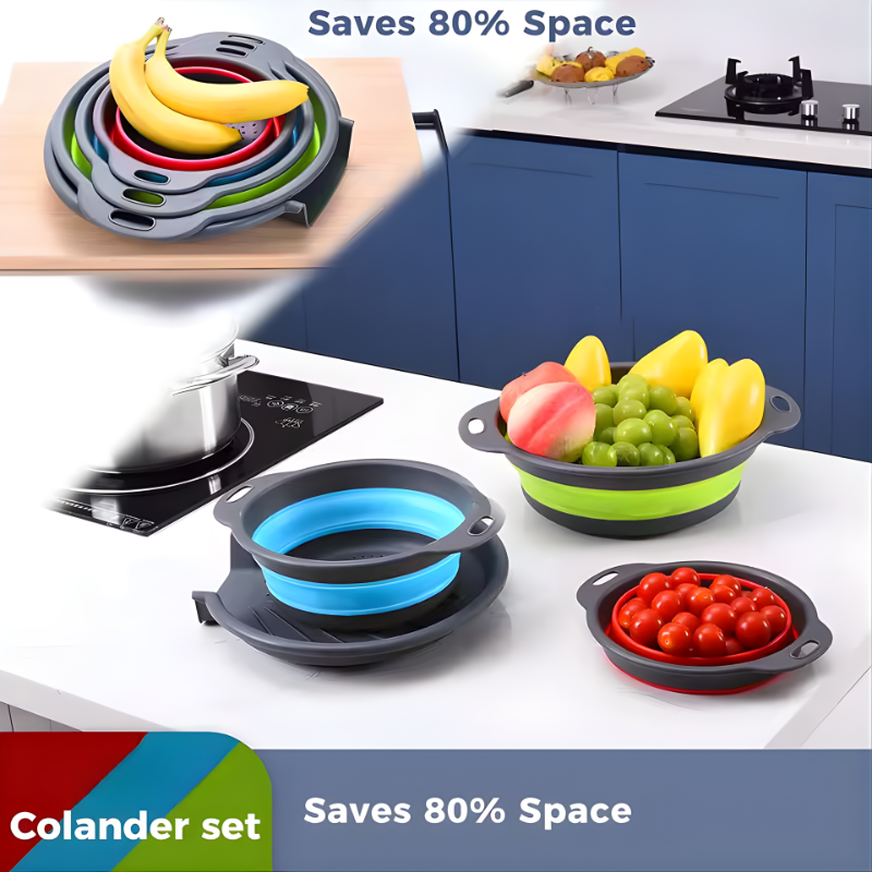 4PCS Foldable Collapsible Colander Set Drain Basket with Self-Draining Base Vegetables Fruit Washing Basket Kitchen Drainer
