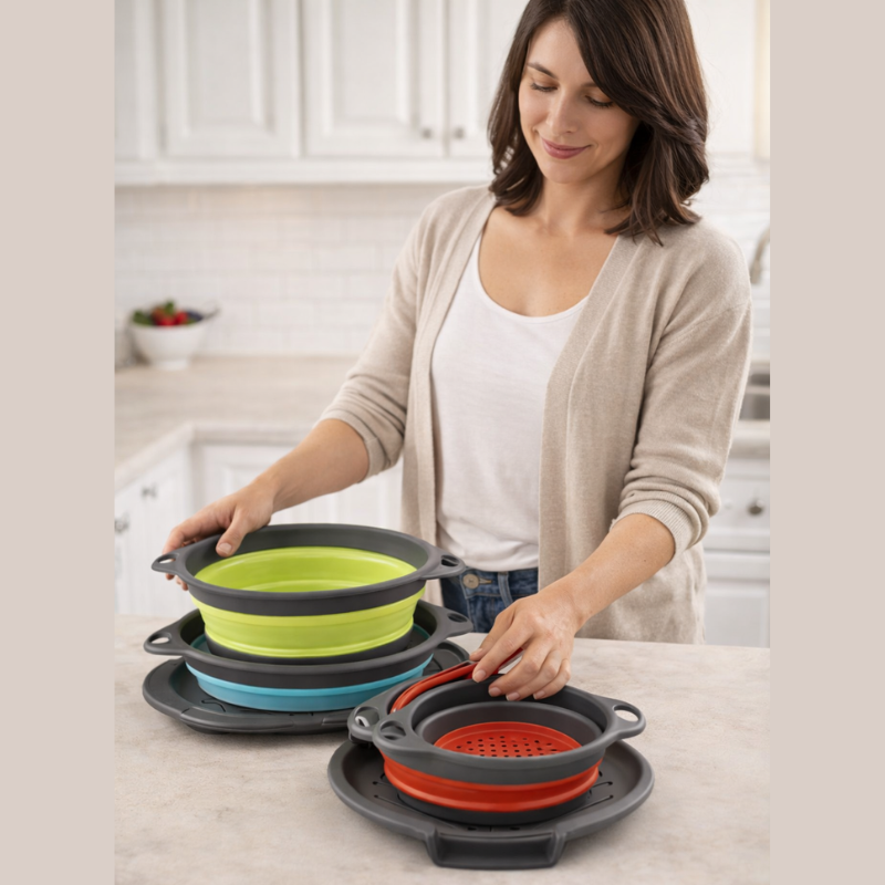 4PCS Foldable Collapsible Colander Set Drain Basket with Self-Draining Base Vegetables Fruit Washing Basket Kitchen Drainer