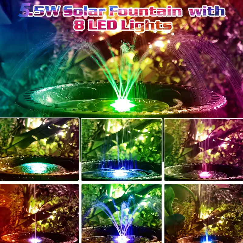 5.5W LED Solar Fountain Pump with Lights, for Bird BathPool DIY Solar Water Fountain with Battery for Outdoor Garden Decoration