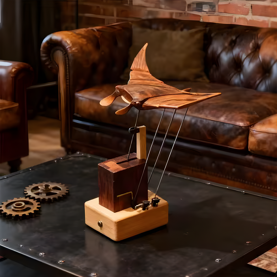 
Artisan Wooden Manta Ray Automaton Handcrafted Mechanical Ocean Animal Ornaments Hand-Cranked Kinetic DIY Puzzle Decoration