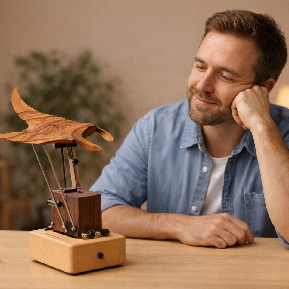 Artisan Wooden Manta Ray Automaton Handcrafted Mechanical Ocean Animal Ornaments Hand-Cranked Kinetic DIY Puzzle Decoration
