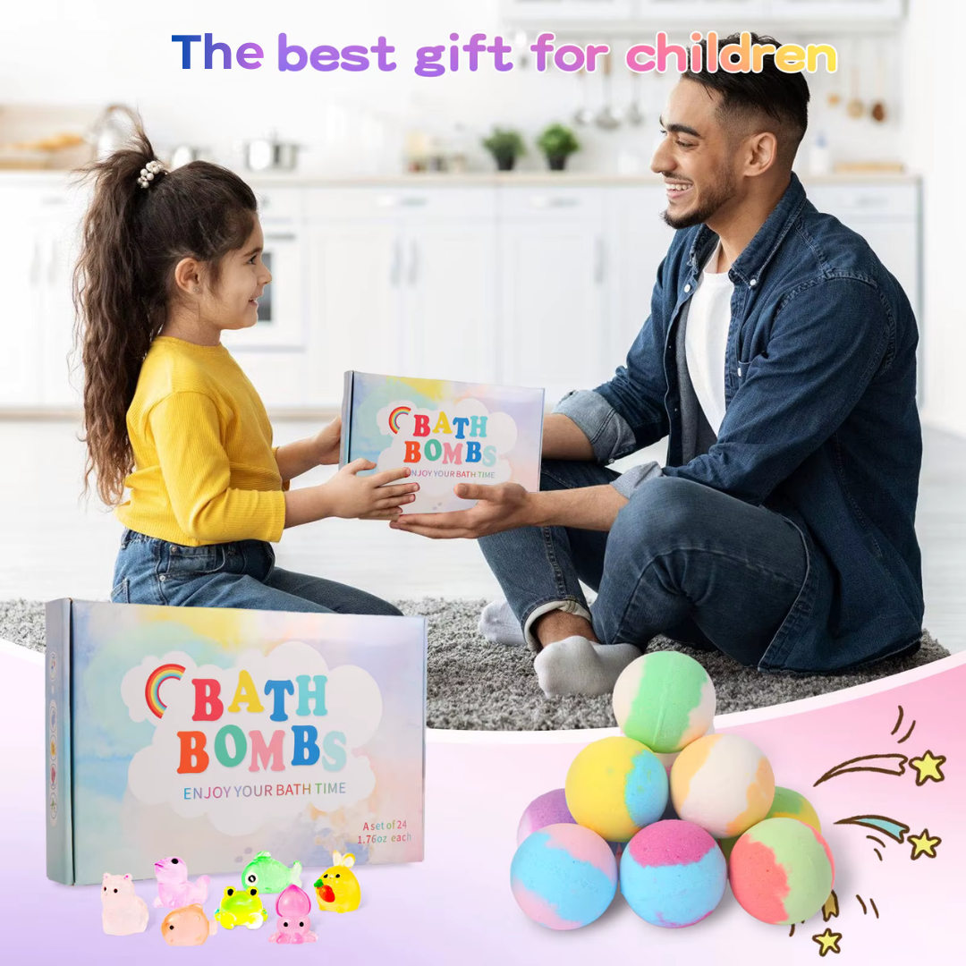 Bath Bombs for Kids with Surprise Inside, 24 Pack Natural Organic Kids Bubble Bath Fizzy for Girls Boys with Bath Toys Inside