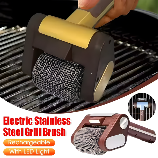 Electric Stainless Steel Grill Brush,Rechargeable Roller Type BBQ Grill Cleaner with LED Light,Outdoor Camping BBQ Cleaning Tool
