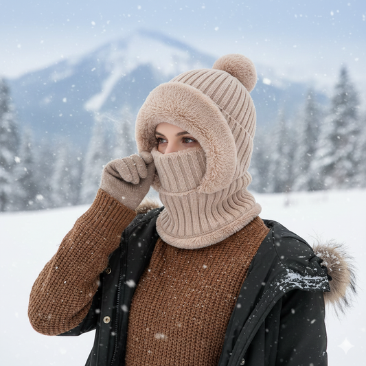 
Hot selling all-in-one winter warm outdoor hiking plush knitted hat, outdoor cycling, face, neck cover warm hat