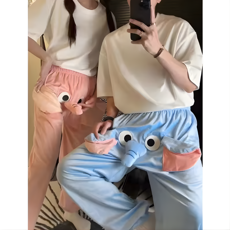  Men Women Spring Autumn New Couple Sleeping Pants Cute Elephants Trousers High Waist Loose Casual Straight Funny Home Pants