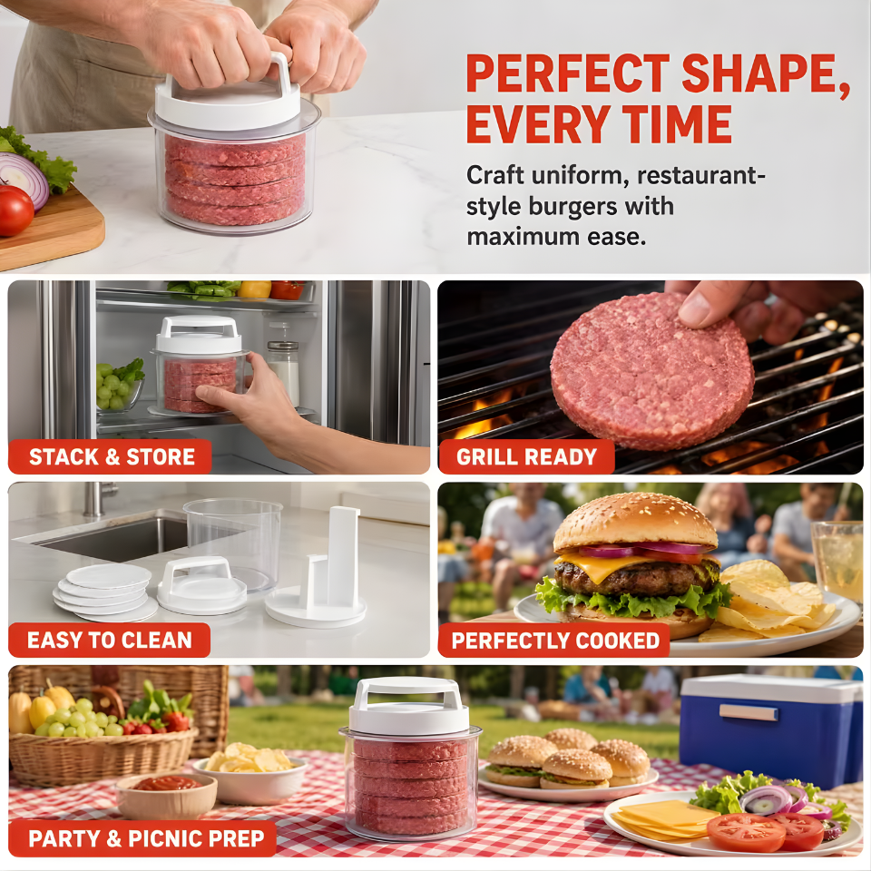 Multi-Layer Burger Patty Maker With Storage Container, Non-Stick Beef Press Mold, Freezable Hamburger Patty Box For BBQ Camping