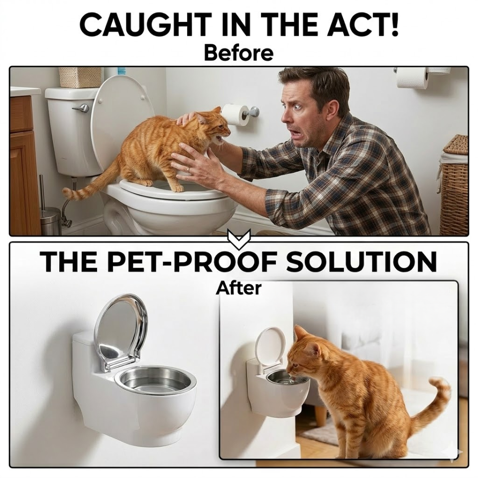 Novelty Toilet Cat Water Bowl with Lid, Wall Mounted Small Toilet Shaped Drinking Containers, Fun Design Pet Drinking Bowl