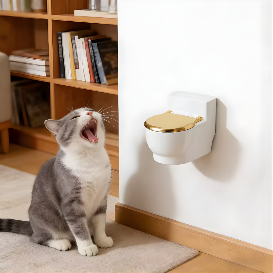 Novelty Toilet Cat Water Bowl with Lid, Wall Mounted Small Toilet Shaped Drinking Containers, Fun Design Pet Drinking Bowl