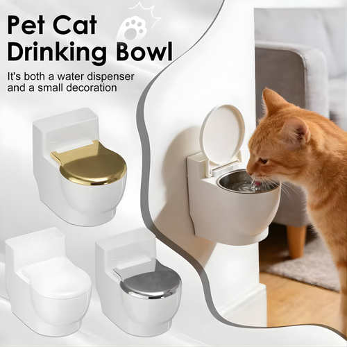Novelty Toilet Cat Water Bowl with Lid, Wall Mounted Small Toilet Shaped Drinking Containers, Fun Design Pet Drinking Bowl