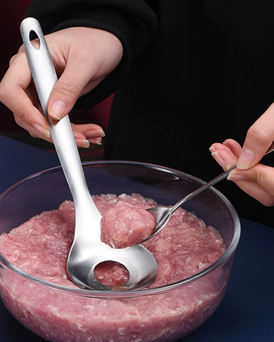 Stainless Steel Croquettes Meatball Spoon Mold Non-stick with Round Hole Meatball Maker Spoon Hangable Meat Press Tools