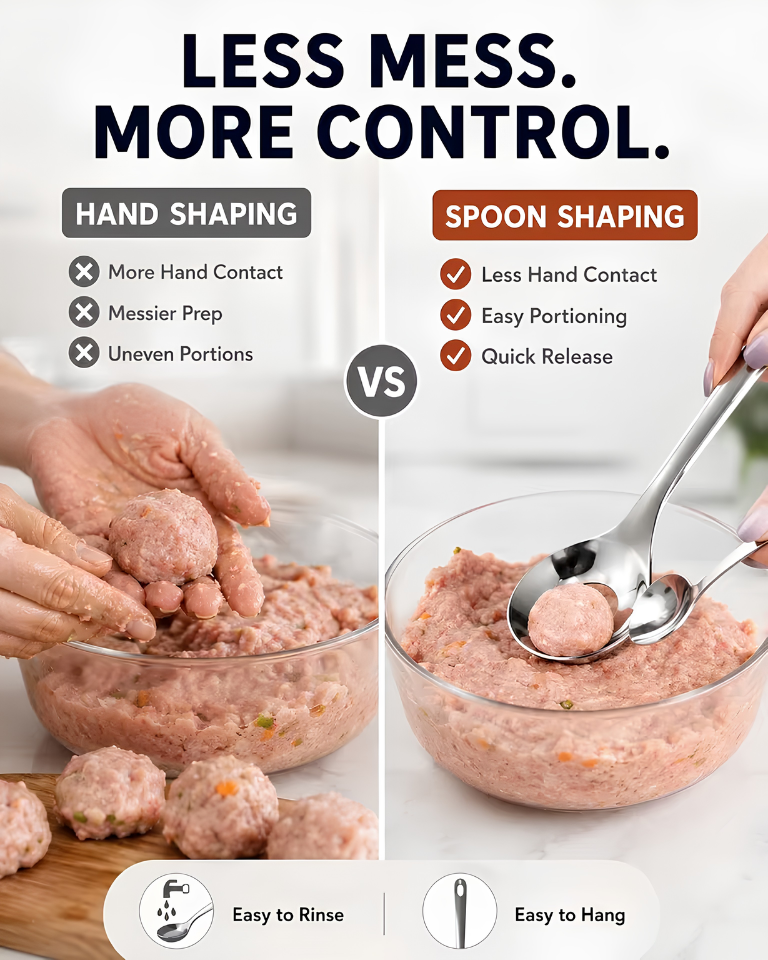 Stainless Steel Croquettes Meatball Spoon Mold Non-stick with Round Hole Meatball Maker Spoon Hangable Meat Press Tools