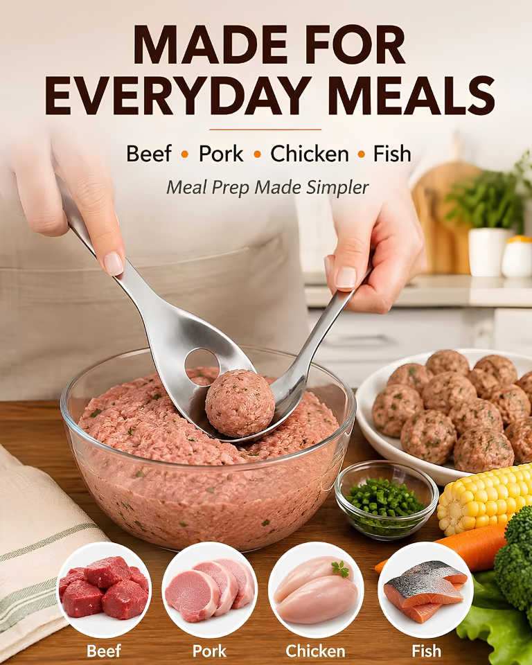 Stainless Steel Croquettes Meatball Spoon Mold Non-stick with Round Hole Meatball Maker Spoon Hangable Meat Press Tools