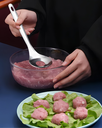 Stainless Steel Croquettes Meatball Spoon Mold Non-stick with Round Hole Meatball Maker Spoon Hangable Meat Press Tools