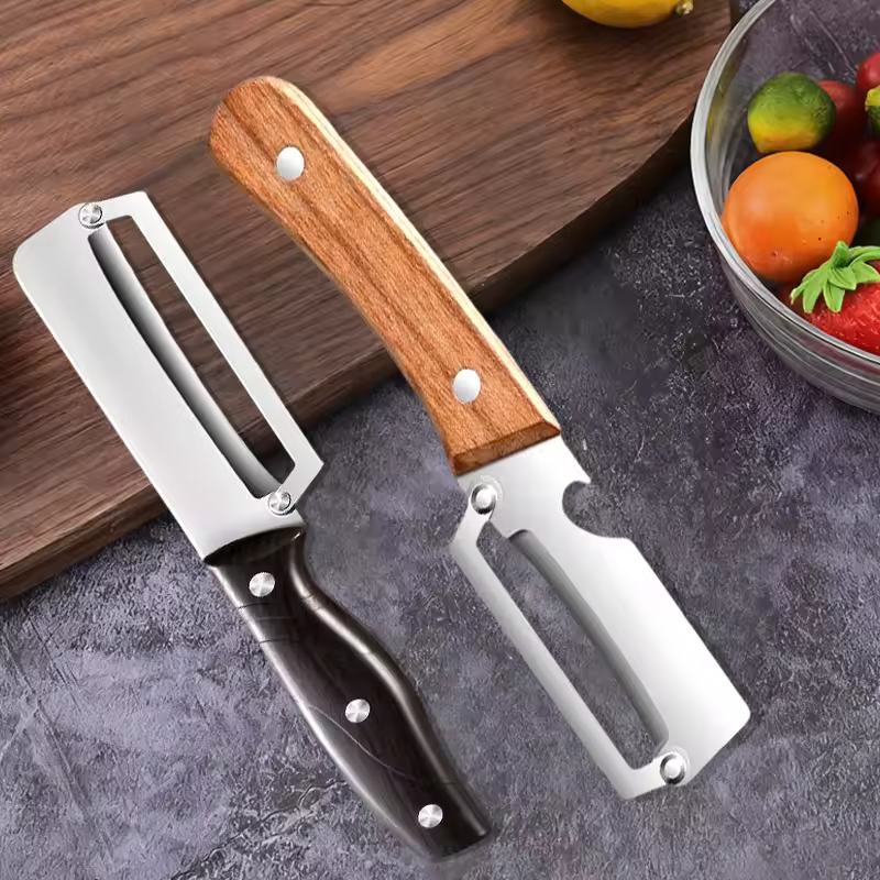 Stainless steel peeler with wooden handle for peeling and slicing fruits and vegetables  Durable and smooth operation
