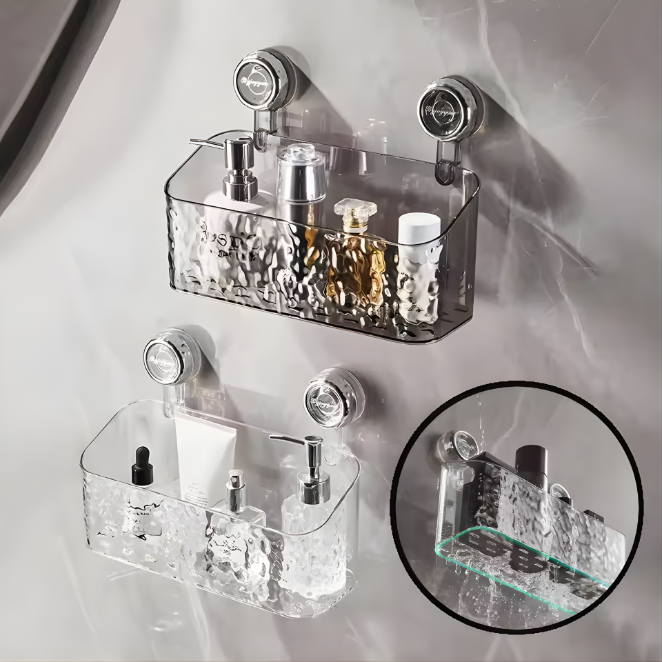 Suction Cup Storage Rack Rectangle Organizer Shelf No Drilling Bathroom Shower Organizer Holder For Countertop Kitchen Bathroom