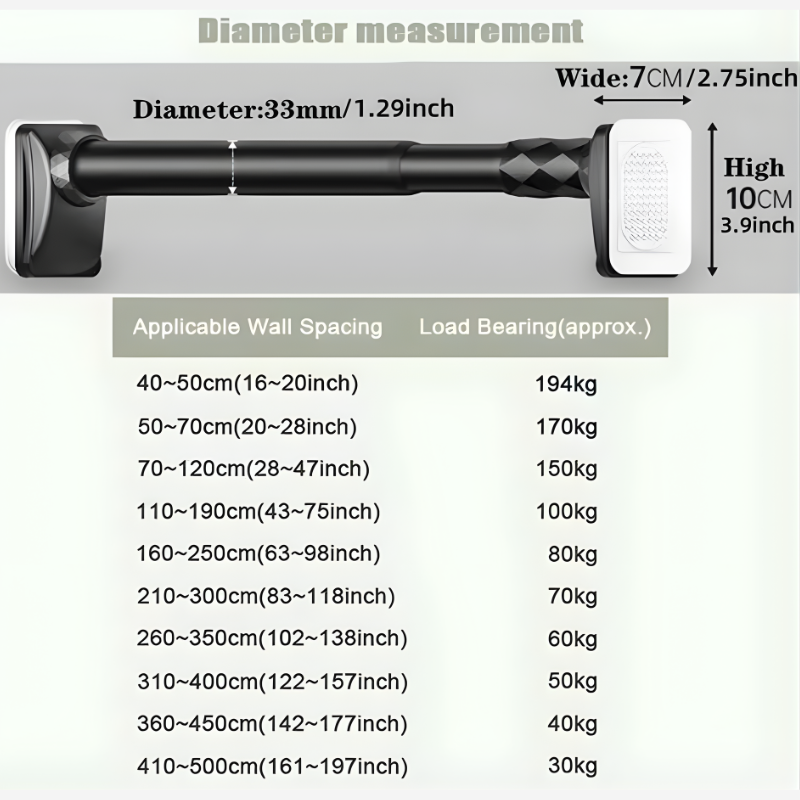 Telescopic Shower Curtain Rod, No Drill Tension Curtain Rod, Extendable from 40cm-500cm, 33mm Diameter Shower Pole Tension Rod