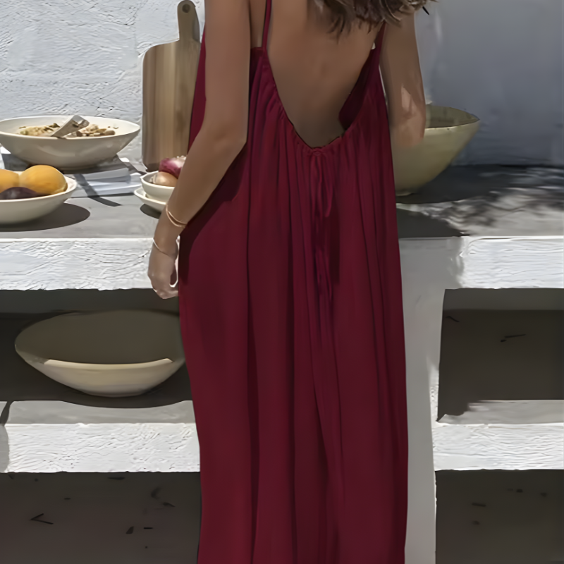 Women's Solid Color Backless Cami Dress Strappy Lounge Dress Open Back Maxi Length with Relaxed Fit Comfortable Home Wear​