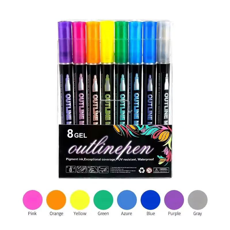 Aurece - Fluorescent & Metallic Double Line Outline Markers (8-48 Colors) – Perfect for Greeting Cards & Lettering