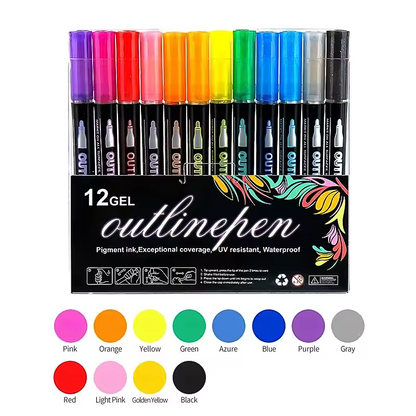 Aurece - Fluorescent & Metallic Double Line Outline Markers (8-48 Colors) – Perfect for Greeting Cards & Lettering