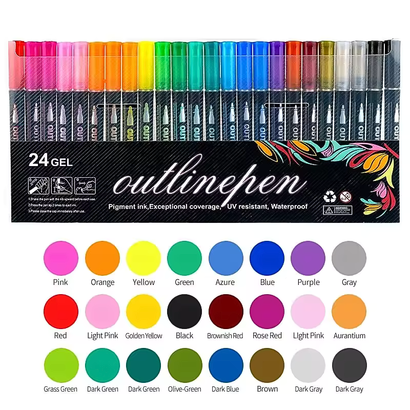 Aurece - Fluorescent & Metallic Double Line Outline Markers (8-48 Colors) – Perfect for Greeting Cards & Lettering