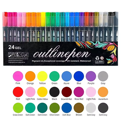Aurece - Fluorescent & Metallic Double Line Outline Markers (8-48 Colors) – Perfect for Greeting Cards & Lettering