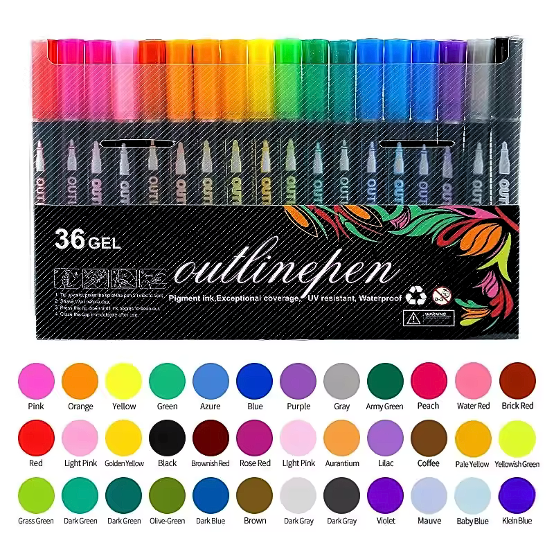 Aurece - Fluorescent & Metallic Double Line Outline Markers (8-48 Colors) – Perfect for Greeting Cards & Lettering