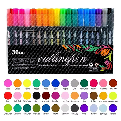 Aurece - Fluorescent & Metallic Double Line Outline Markers (8-48 Colors) – Perfect for Greeting Cards & Lettering