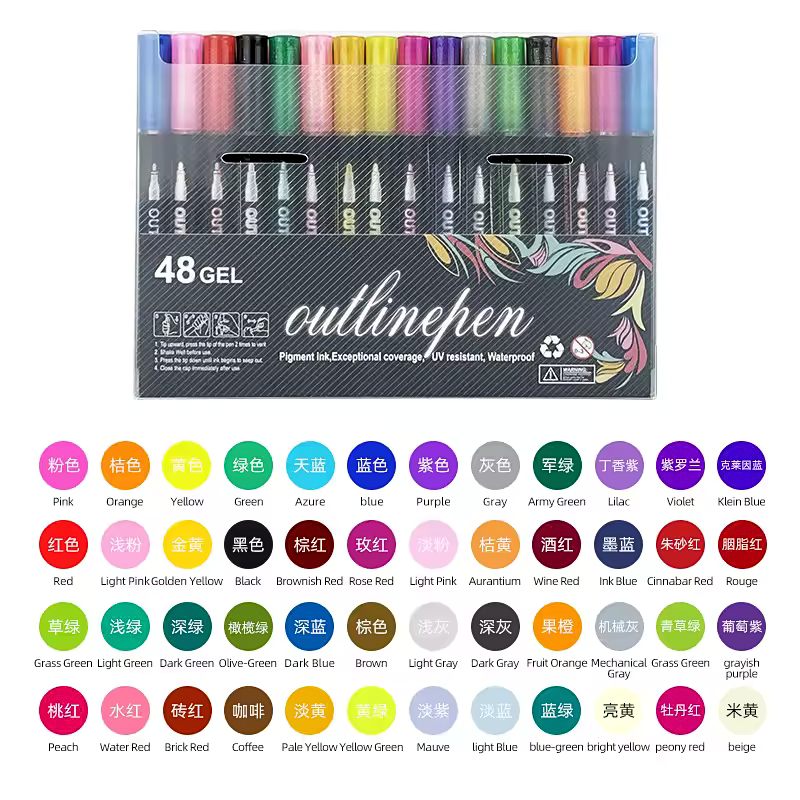 Aurece - Fluorescent & Metallic Double Line Outline Markers (8-48 Colors) – Perfect for Greeting Cards & Lettering