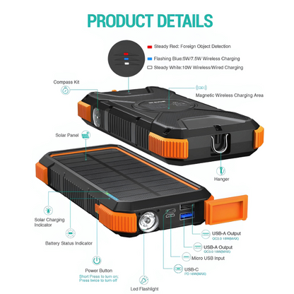 Solar Power Bank Wireless 200000mAh Large Capacity Fast Charging External Battery Outdoor Survival Emergency Equipment